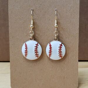 Gold Tone With White and Red Baseball Dangle Earrings